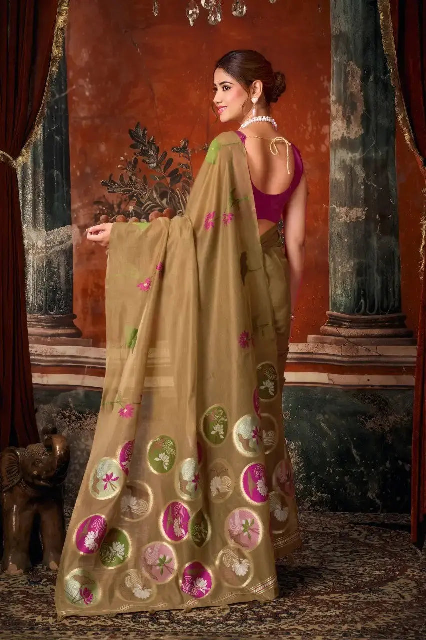 Brown Jacquard Weaving Saree Cotton woven pallu detail – KS313 by Kalyanja